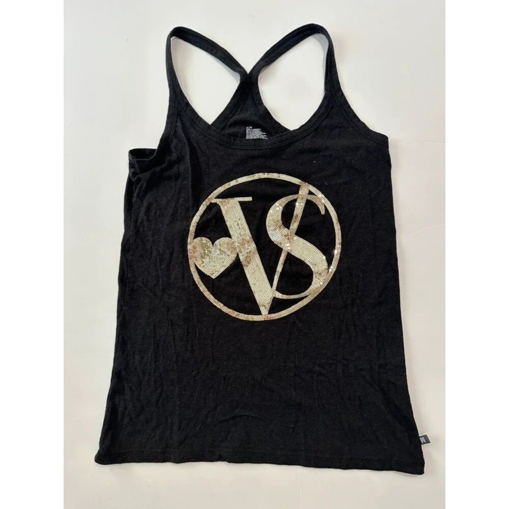 Victoria's Secret Pink Black Racerback Tank Top Silver Sequin VS Logo Size M
